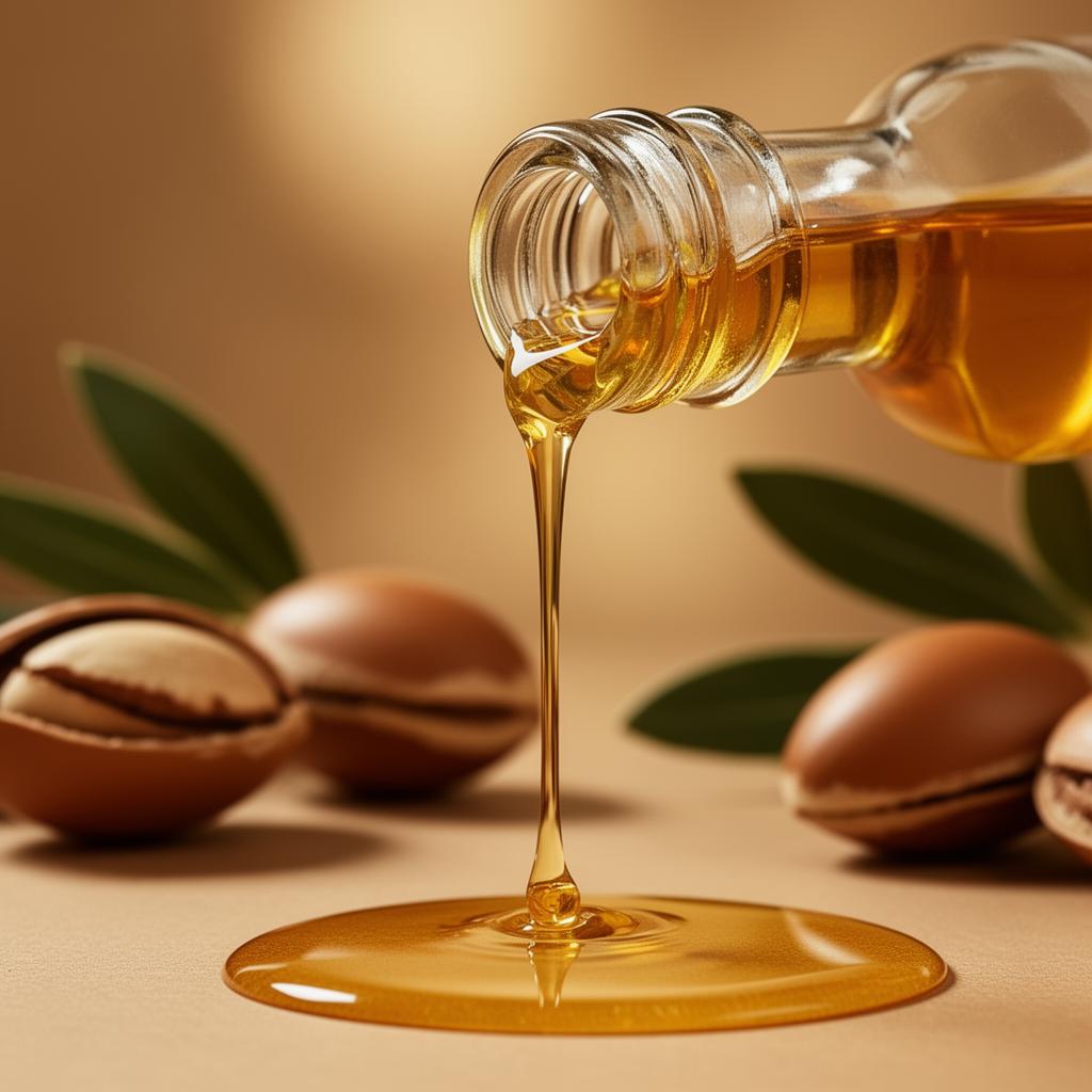 Golden argan oil being poured from a glass bottle with argan nuts