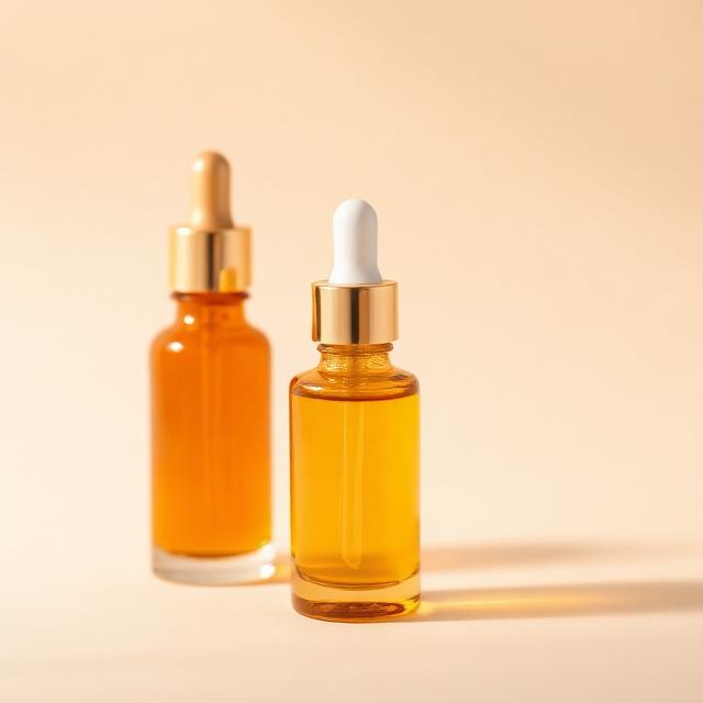 Luxury skincare serum bottles with golden argan oil