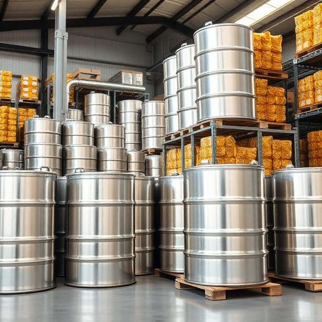 Industrial warehouse with bulk argan oil storage drums